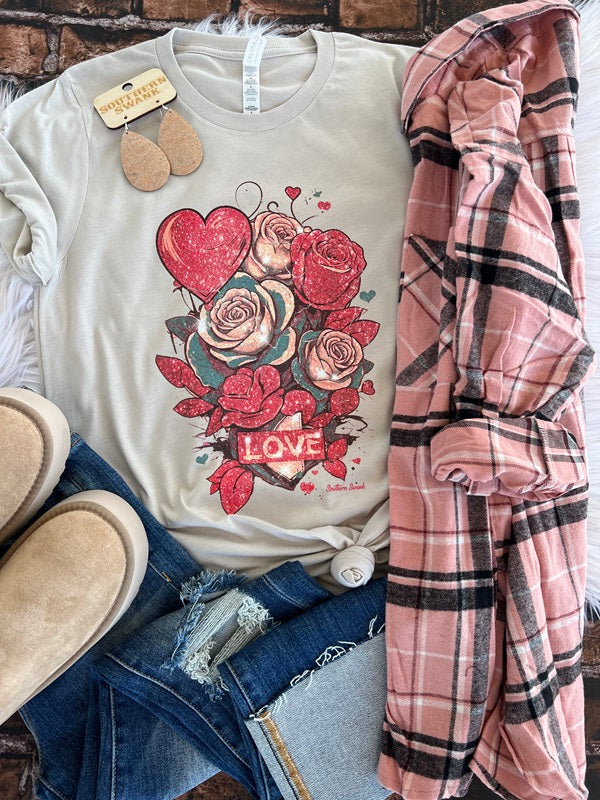 Love Glitter Distressed Roses Tee